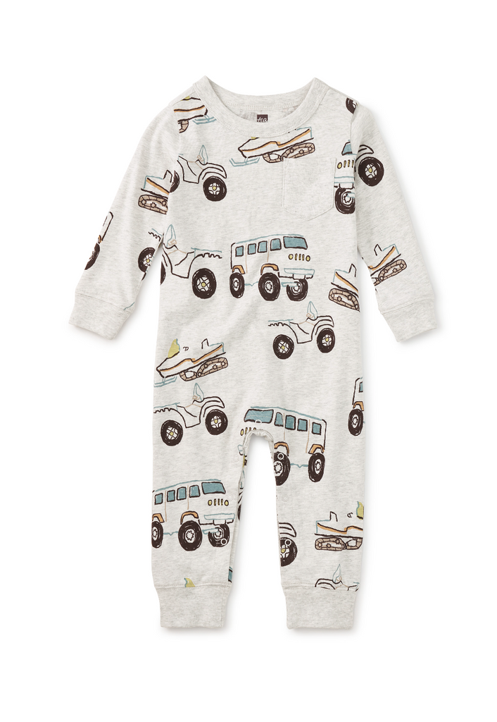 Long Sleeve Baby Pocket Romper - Snow Vehicles