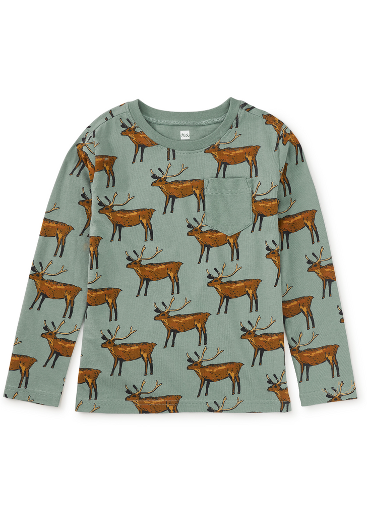 Long Sleeve Printed Pocket Tee - Painted Deer