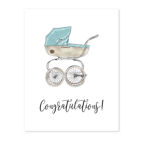 BLUE BABY CARRIAGE GREETING CARD