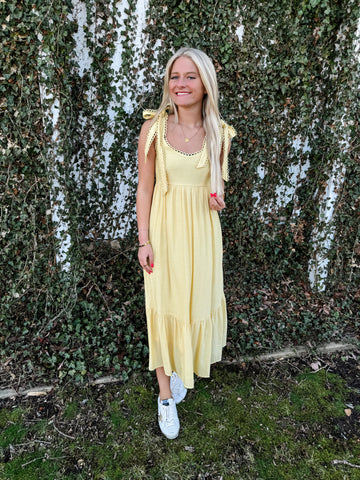 Scallop Eyelet Midi Dress - Yellow