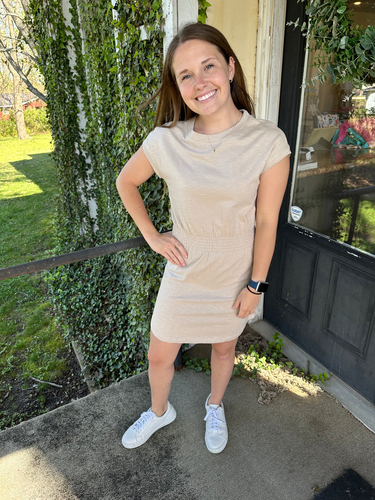 river s/s dolman rouched waist dress - moonlight