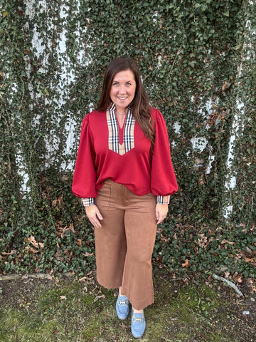 Plaid Trim Balloon Sleeve Top