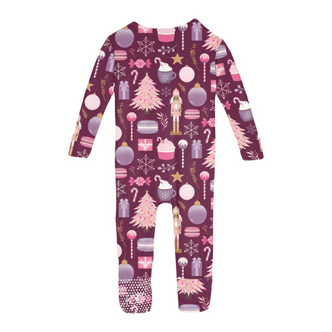 Print Layette 2 Way Zip Ruffle Footie.- Melody Sugar Plum