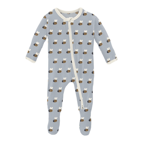 Print 2 Way Zip Footie - Pearl Blue Baby Bumblebee