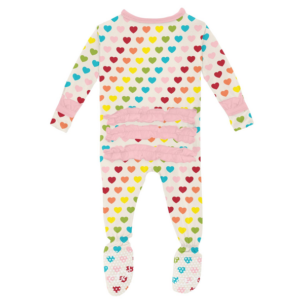 Print Classic Ruffle 2 Way Zip Footie - Rainbow Hearts