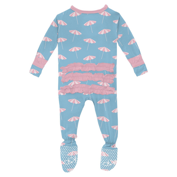 Print Ruffle Footie with 2 Way Zip - Seaside Blue Beach Umbrellas