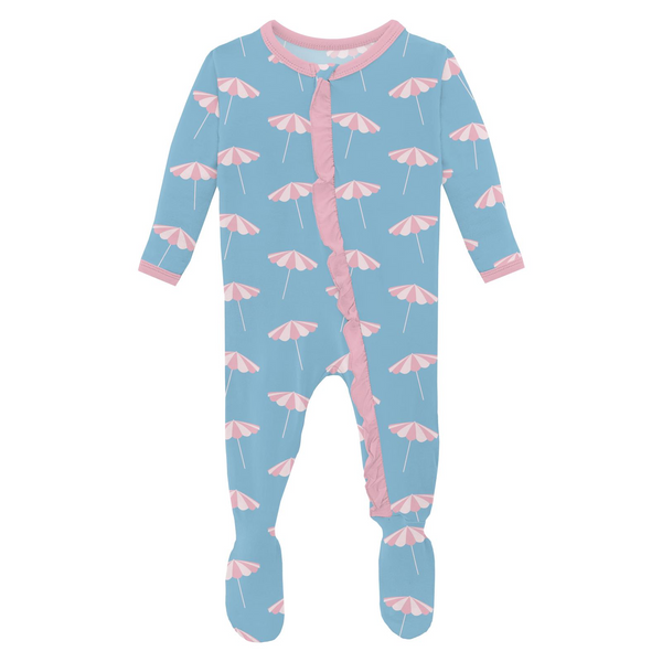 Print Ruffle Footie with 2 Way Zip - Seaside Blue Beach Umbrellas