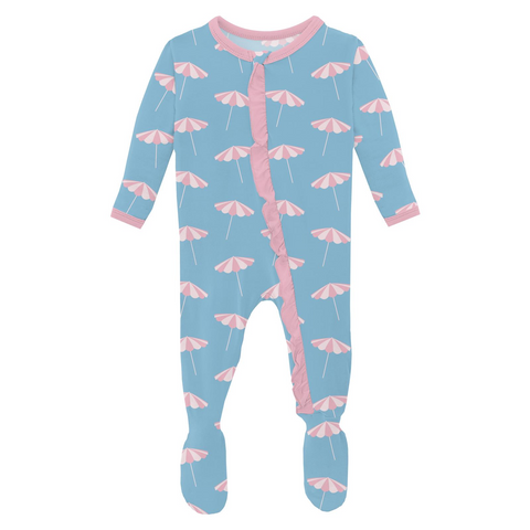 Print Ruffle Footie with 2 Way Zip - Seaside Blue Beach Umbrellas
