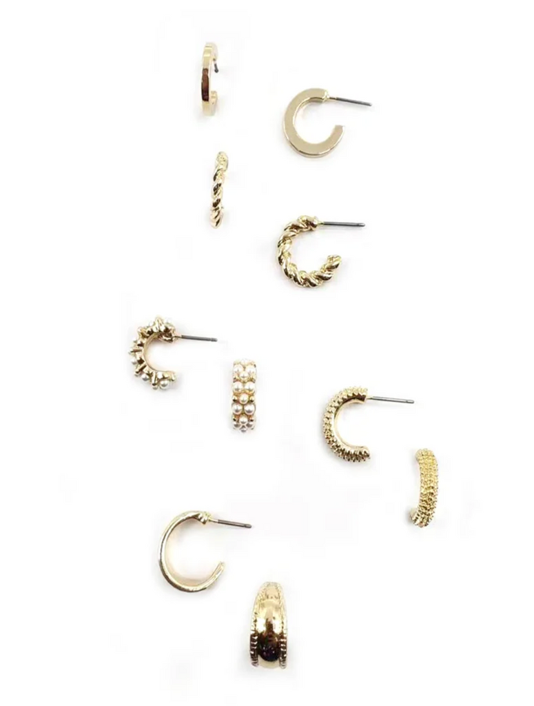 set of 5 small textured huggie earrings