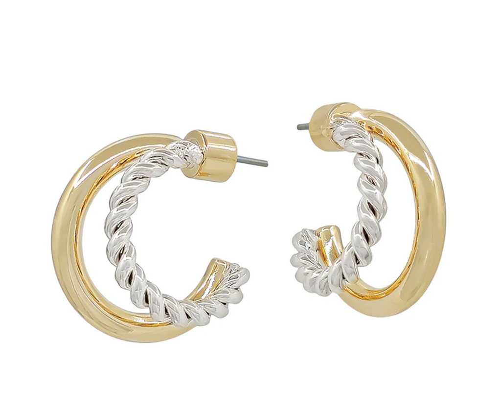 gold hoop with twisted silver huggie