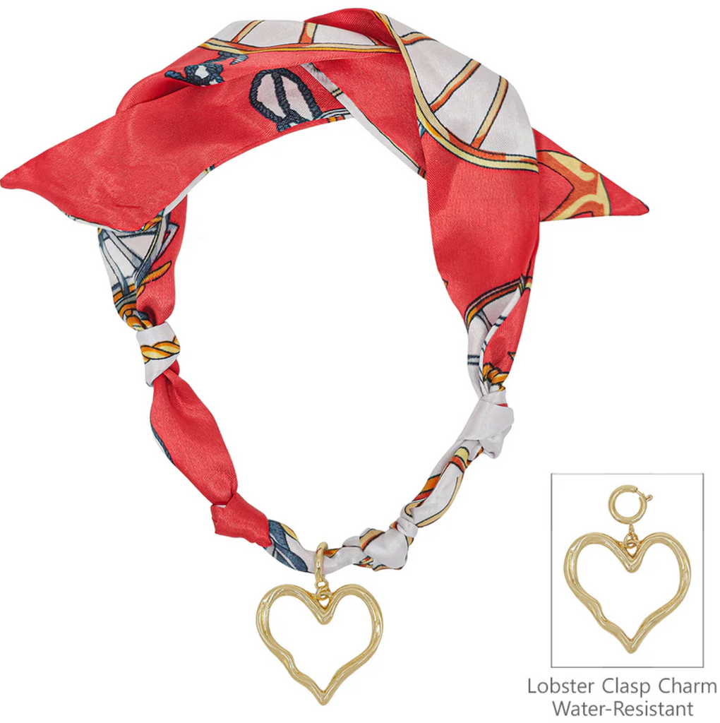 Red + White Scarf Necklace with Hammered Heart Charm