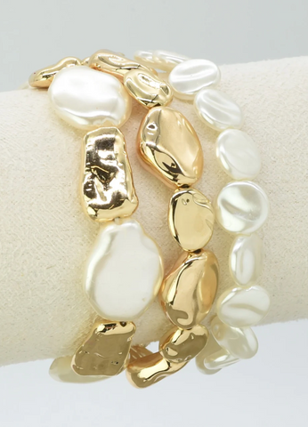 set of 3 textured gold and pearl bracelets