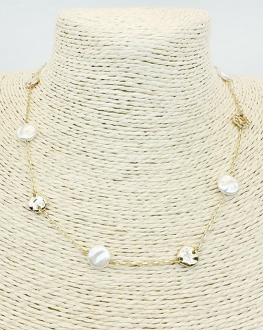 hammered gold coin and pearl necklace