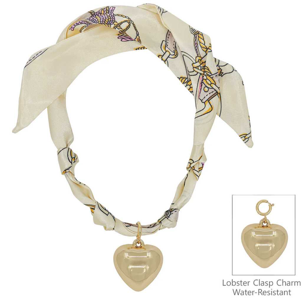 cream knotted scarf necklace with puffy heart