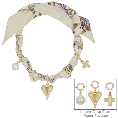 cream knotted scarf necklace with 3 removeable charms