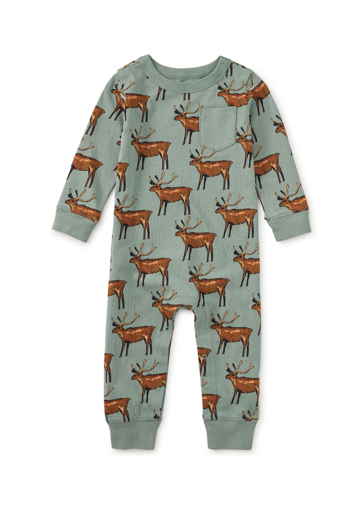 Long Sleeve Baby Pocket Romper - Painted Deer