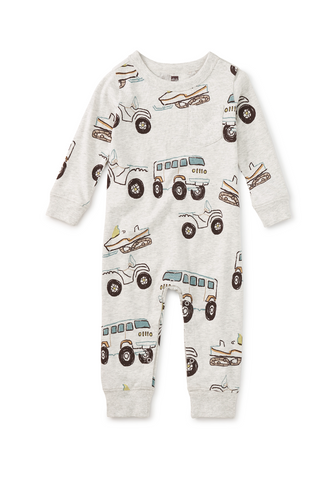Long Sleeve Baby Pocket Romper - Snow Vehicles