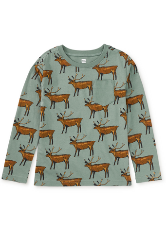Long Sleeve Printed Pocket Tee - Painted Deer
