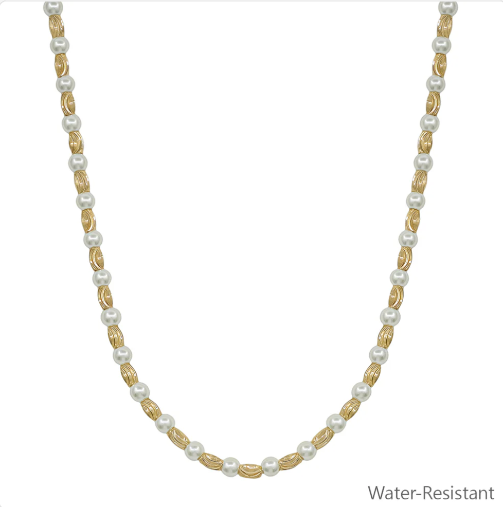 Water Resistant gold textured oval with pearl bead