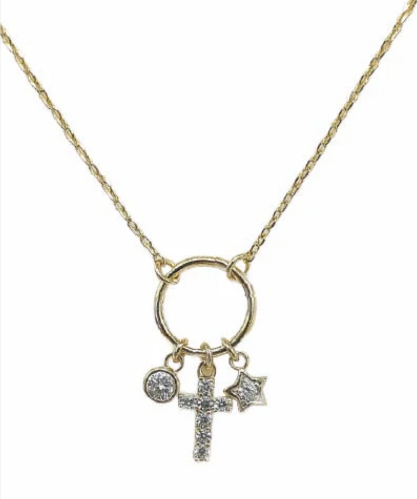 open circle with star and cross charms necklace