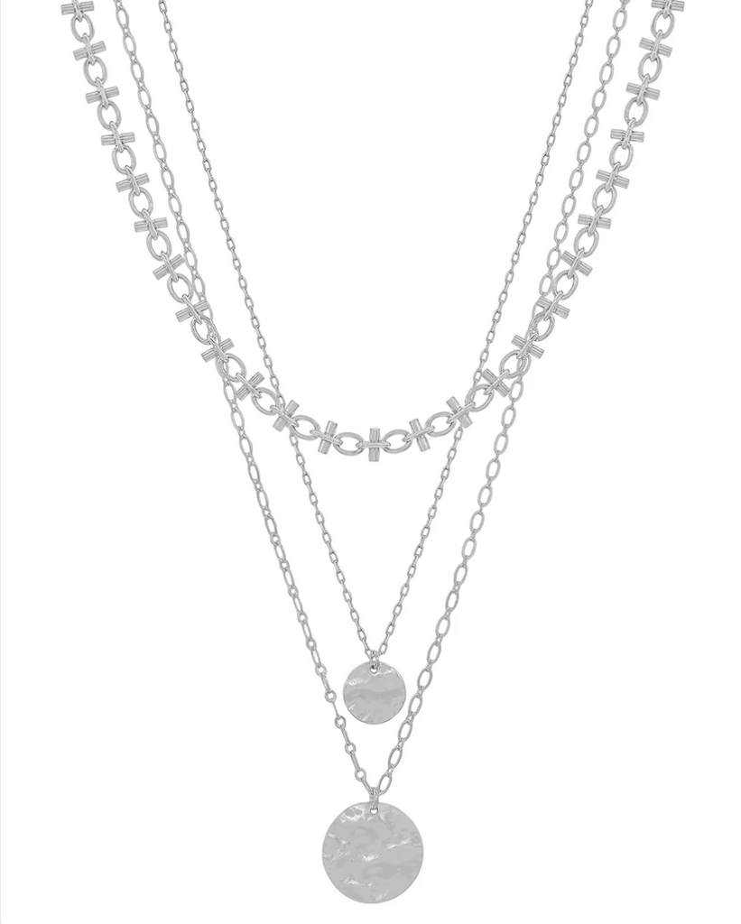 silver three layer beaded chain necklace