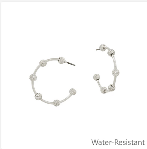 water resistant silver bar and ball hoop earring