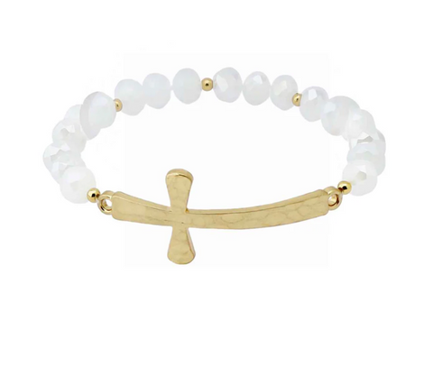 white crystal and gold cross stretch bracelet