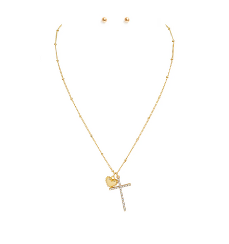 rhinestone cross and puffy heart necklace