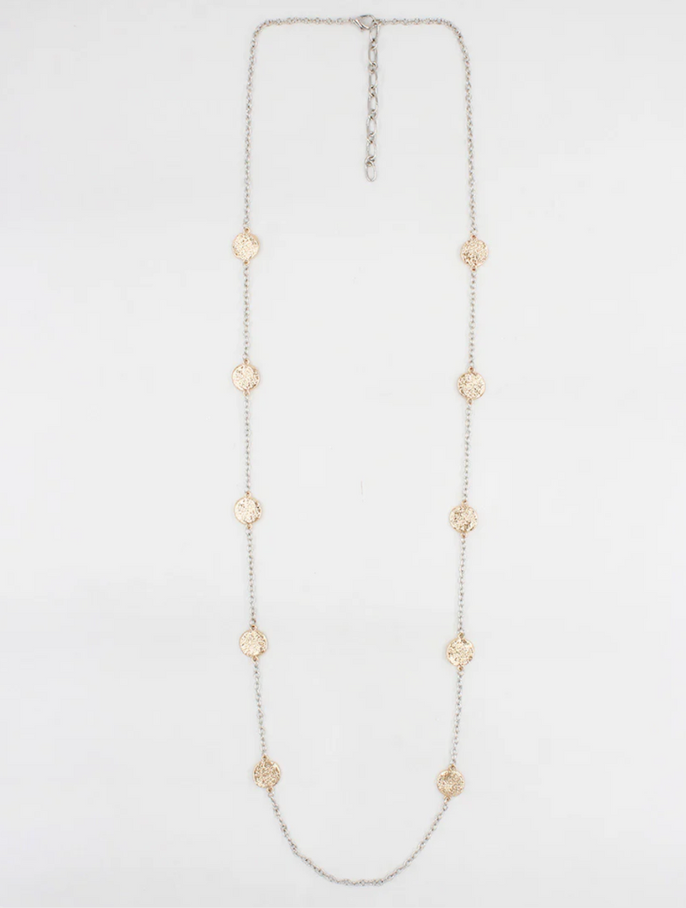 gold and silver hammered circle 32" necklace