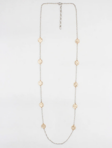 gold and silver hammered circle 32" necklace