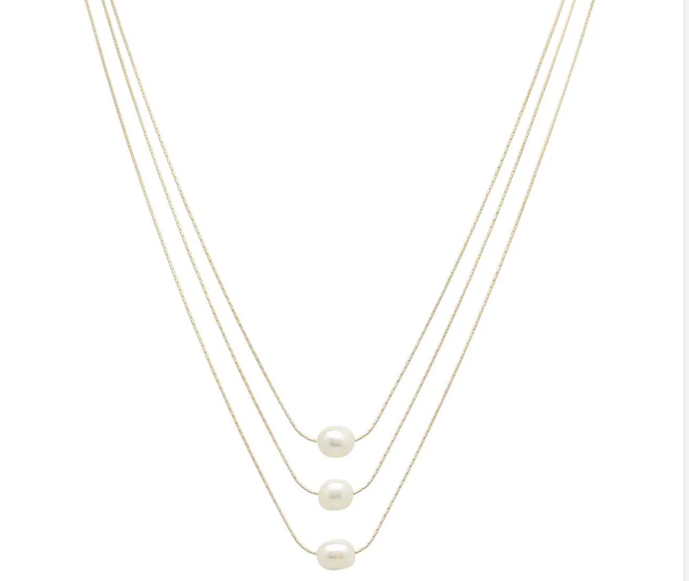 gold chain triple layered pearl necklace
