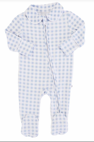 Peter Pan Collar Footie - Dusty Blue Gingham