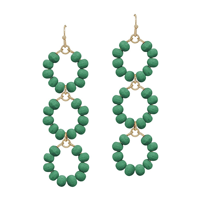 green wood beaded triple drop earring