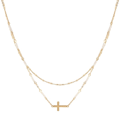 Gold & White Crystal Cross Necklace